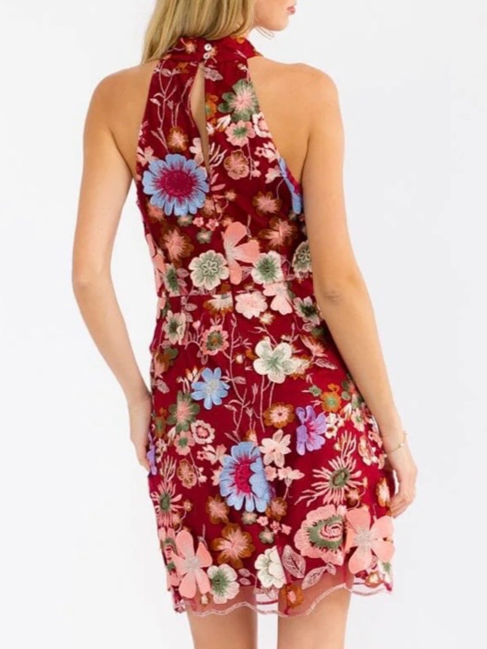 RACER TOP FITTED BURGUNDY MINI DRESS WITH 3D MULTI-COLORED FLORAL DETAILS - Picture 4 of 16